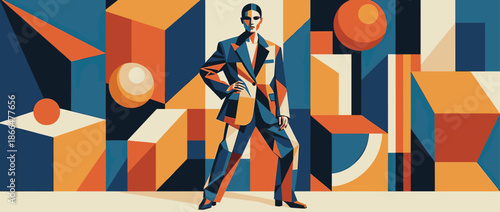 Stylish androgynous figure in a geometric pantsuit stands confidently among abstract shapes in a bold, graphic art style with a blue and orange color palette