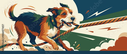 Strong and determined mixed breed dog clenches a colorful rope toy in its teeth, playing an energetic game of tug-of-war in a bold and dynamic vector illustration style
