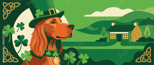 Adorable Irish Setter dog wearing a green leprechaun top hat and shamrock collar celebrates St. Patrick's Day in a festive rural landscape illustration