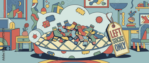 Pile of colorful patterned left socks sits on a patched sofa in a quirky cartoon living room, with a large humorous tag indicating a special sale