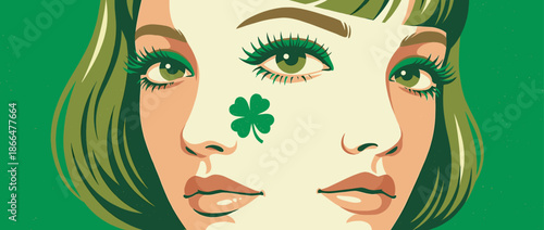 Stylized surreal illustration of a woman's mirrored face with three green eyes, a four-leaf clover, and festive makeup for a holiday celebration