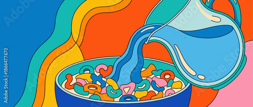 Colorful bowl of breakfast cereal has milk poured into it from a pitcher in a vibrant, retro pop art illustration with bold outlines and psychedelic colors