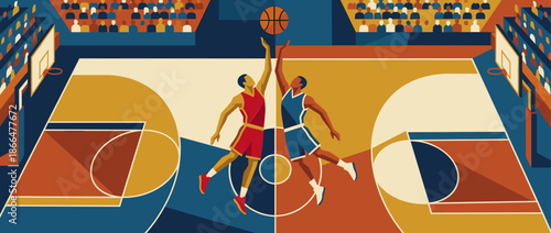 Two stylized basketball players jumping for the ball during a competitive game on a colorful court with spectators watching from the stands in a flat vector art style