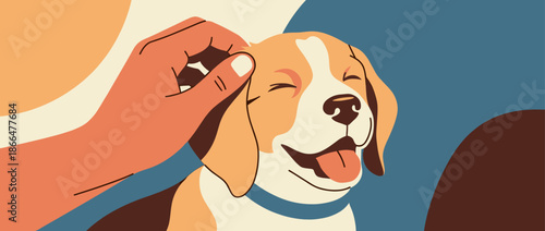 Cute beagle dog with a happy expression is gently petted by a human hand in a warm, colorful vector illustration about animal friendship and companionship