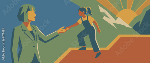 Supportive woman in a business suit extends her hand to help a young girl climb a path towards a mountain sunrise in a hopeful, retro-style illustration