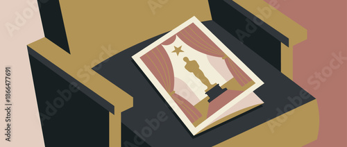 Minimalist illustrated postcard showing a golden award statuette on a stage with red curtains, resting on a modern geometric armchair in a muted color palette