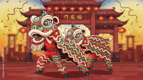 Traditional Chinese Lion Dance Performance in Festive Courtyard with Red Lanterns and Cultural Heritage.