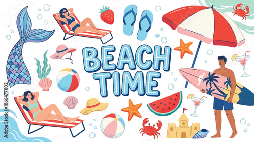 Cartoon Summer Stickers in Retro 90s Style. Funky Groovy Beach Season Elements, Party Shapes, and Swimwear Icons. Bright Sticker Pack of Patches, Labels, and Stamps for Vacation Projects.