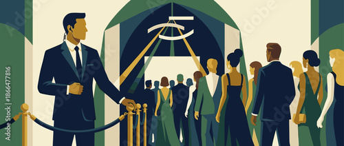 Security guard in a dark suit with an earpiece watches over a crowd of guests in formal attire queuing at a velvet rope for an exclusive gala premiere