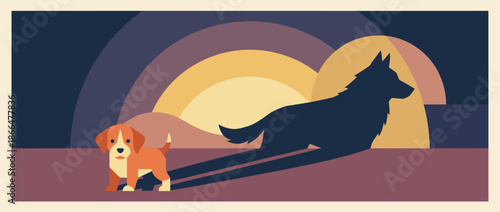 Small brown and white puppy casts a fierce wolf shadow at sunset, a conceptual flat design illustration about courage, potential, and hidden strength