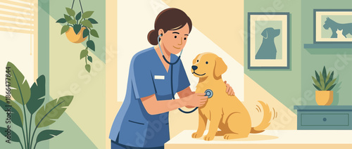 Female veterinarian in blue scrubs examines a happy golden puppy with a stethoscope on an examination table in a modern, sunlit clinic with plants and artwork