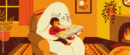 Small smiling child and a giant white rabbit sit together in a cozy armchair, reading a storybook in a warm, inviting living room with a fireplace
