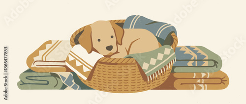 Adorable golden puppy sleeping peacefully inside a woven basket nestled among warm, folded blankets with geometric patterns in a textured, flat illustration style