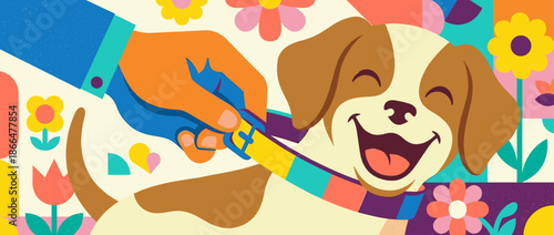 Joyful brown and white puppy smiling with its eyes closed as a person's hand fastens a vibrant, multicolored collar around its neck in a cheerful, flat graphic illustration