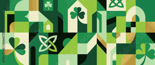 Geometric abstract pattern with shamrocks and Celtic knots for a St. Patrick's Day celebration, featuring a modern mosaic style with green, gold, and cream colors in a wide format