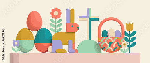 Colorful Easter holiday symbols illustration with a geometric bunny, painted eggs, a Christian cross, and a basket of eggs in a pastel color palette with a modern flat design