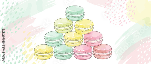 Pyramid stack of colorful pastel macarons illustrated in a charming hand-drawn sketch style with soft watercolor fills and delicate line art details