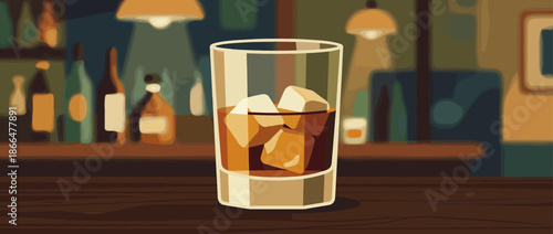 Glass of whiskey with ice cubes sits on a wooden bar counter in a dimly lit pub, depicted in a stylized, modern vector illustration with a warm and cozy atmosphere