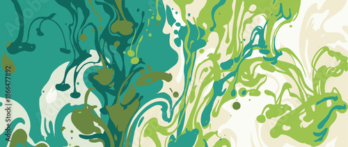 Abstract fluid art illustration with swirling green, teal, and olive paint creating a dynamic liquid marble texture in a modern, flat vector style with organic flowing shapes