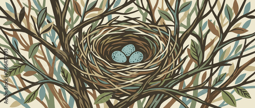 Bird's nest with three speckled blue eggs is nestled among interwoven tree branches in a stylized, earthy-toned nature illustration representing new life and springtime