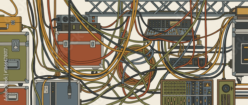 Tangled colorful cables and professional audio equipment create a complex backstage scene with mixing consoles and flight cases in a retro-style graphic illustration