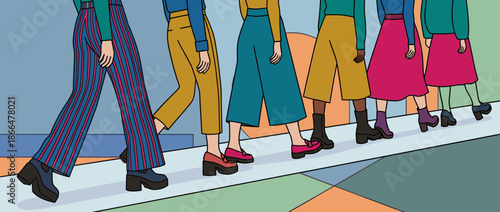 Diverse group of stylish people walking together in a single file line, showcasing modern fashion and unity in a colorful graphic illustration with bold outlines