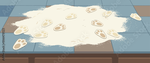 Spilled white flour with cat paw prints creating a messy trail on a tiled kitchen floor after a cooking accident, a humorous illustration of pet mischief and domestic chaos