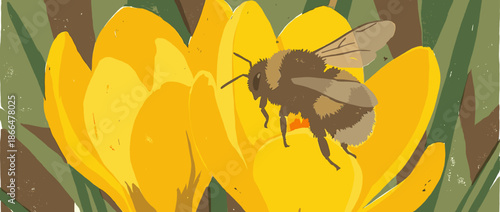 Detailed graphic illustration of a fuzzy bumblebee collecting nectar from a bright yellow spring crocus flower, depicted in a stylized, textured, and earthy-toned artistic design
