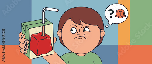 Curious cartoon boy with a puzzled expression holds a juice carton, thinking with a question mark about the strange solid jelly-like substance inside instead of a drink