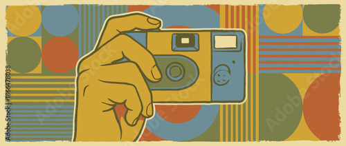 Person's hand holding a retro compact camera in a vintage graphic illustration style with bold lines, a distressed texture, and a muted, earthy color palette
