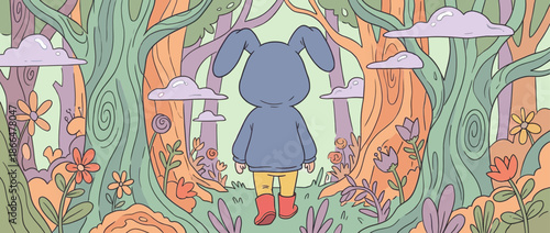 Illustrated child in a blue bunny hoodie stands at the entrance to a whimsical, magical forest filled with colorful trees, flowers, and floating clouds