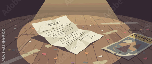 Handwritten letter and theater program rest on a wooden stage floor, illuminated by a single dramatic spotlight and surrounded by confetti in a melancholic vector illustration