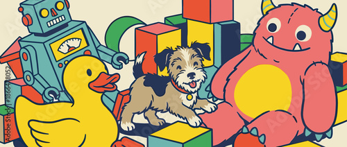Colorful cartoon illustration of various toys including a robot, monster, duck, and a happy puppy playing among building blocks in a whimsical retro style