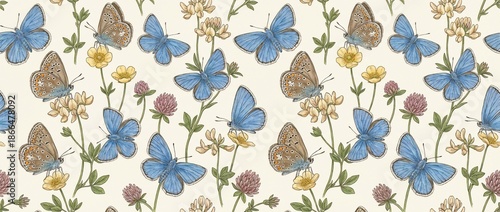 Vintage Style Butterfly and Wildflower Seamless Pattern