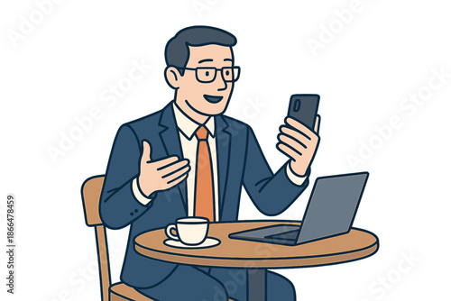 A businessman is gesturing during a video call on his smartphone while seated at a table in a caf