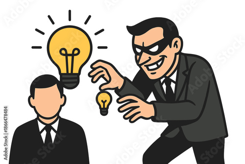 A malicious entrepreneur pilfers a business concept; the vector illustration portrays a corporate thief engaged in copyright theft, plagiarism, deceit, and cheating