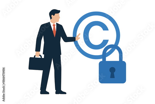 Concept of Copyright Protection: Entrepreneur Safeguarding Intellectual Property Using a Digital Lock and Copyright Mark, Highlighting Online Legal Rights and Ownership