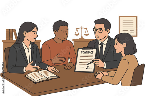 During a focused meeting in a professional law office, lawyers and clients discuss contract specifics in detail