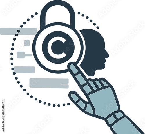 Copyright, patents, and intellectual property laws safeguard business ideas and headhunter concepts, illustrated by a robotic hand interacting with a digital interface in vector form