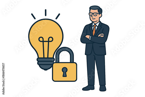 A businessman stands beside a padlocked light bulb, symbolizing that the intellectual property, patented protection, copyright, or product trademark cannot be copied