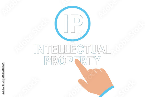 A hand of a person touches an intellectual property icon on a virtual screen against a blue bokeh backdrop