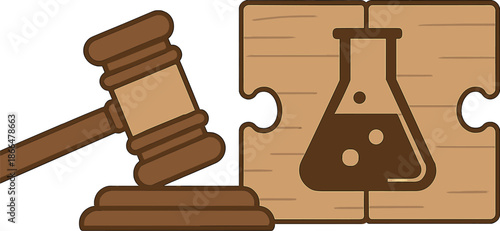 A judge's gavel sits beside wooden puzzle pieces that illustrate a science beaker, representing legal matters in science