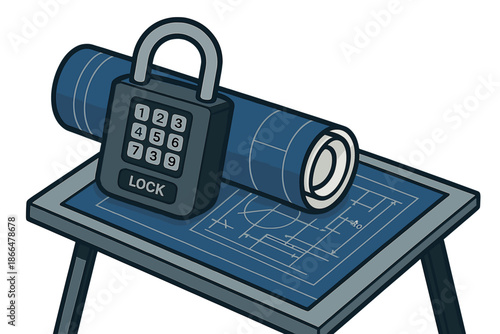 A close-up of a digital keycode padlock encircling rolled-up blueprints on a steel drafting table, with technical drawing details peeking out to symbolize IP protection