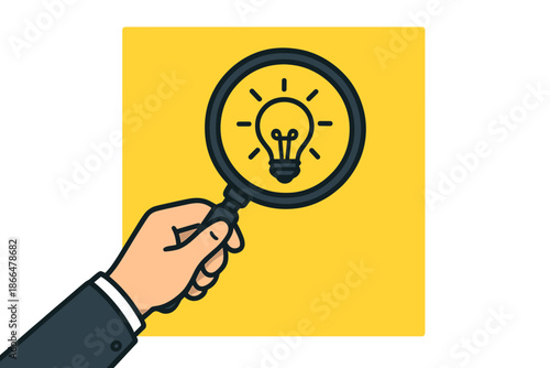 A hand holds a magnifying glass over a light bulb symbol on a yellow background, symbolizing the discovery and protection of ideas through intellectual property, copyright, and IP rights