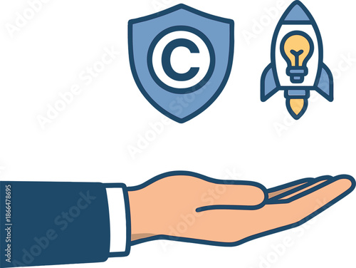 A businessman’s hand displays a virtual screen that showcases the protection of intellectual property rights, highlighting exclusive copyright and innovation safeguards to protect creative ideas