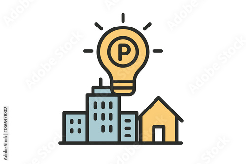Intellectual Property Icon: A minimalist outline depicting the essence of intellectual property above a cityscape, hinting at the innovative ideas within the property market