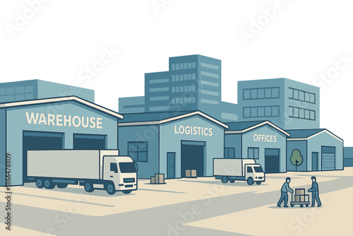 A large warehouse and logistics center located in a contemporary industrial park and trading estate, integrating business park offices, storage and distribution hubs, and commercial property units
