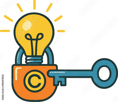 A stylish halftone collage that unlocks the power of ideas, blending innovation with safety, and covering intellectual property concepts such as copyright, product trademarks, and patent protection