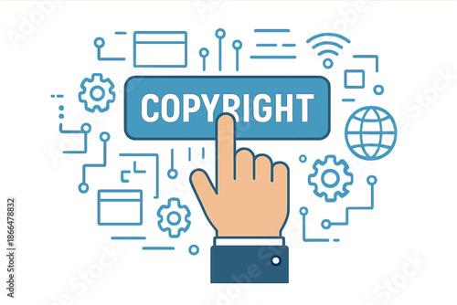 An image of a hand pressing a button on a tech screen, symbolizing copyright