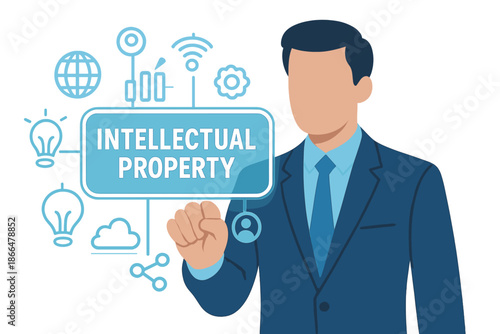 The idea of business, technology, the Internet, and networking is presented as a virtual screen of the future, displaying the inscription “Intellectual property